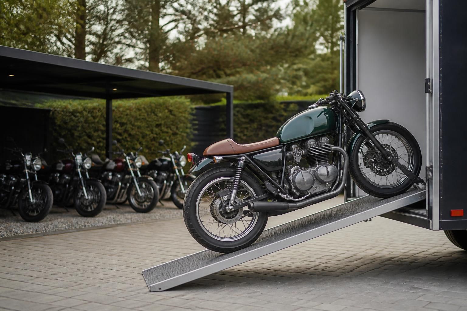 Motorcycle collection scene in a tidy outdoor area.