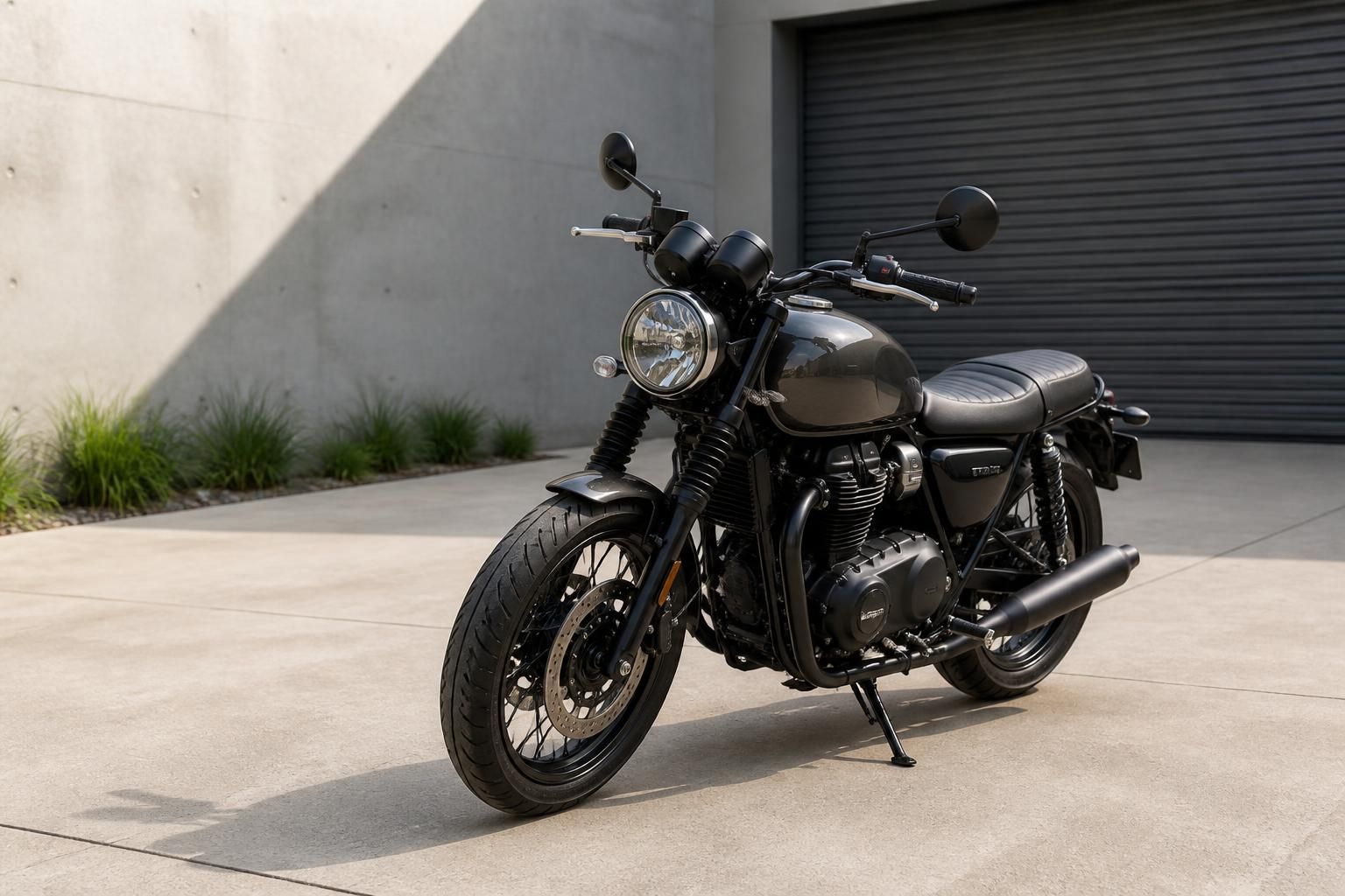 Clean motorcycle parked in a bright, uncluttered outdoor space.
