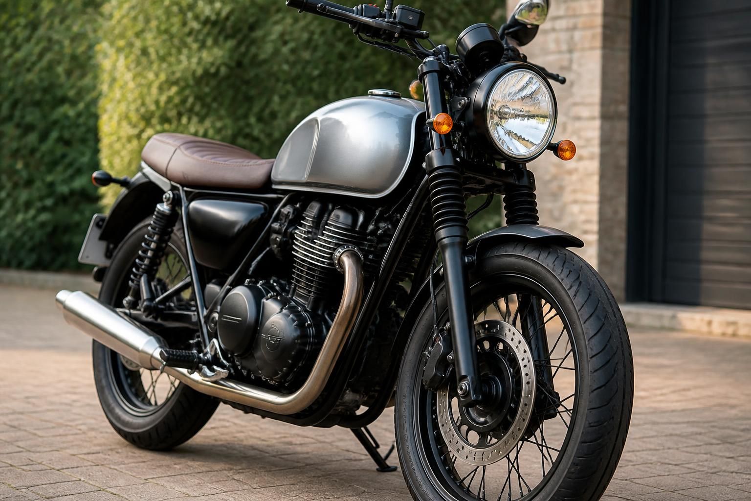 Clean motorbike in a tidy outdoor setting.