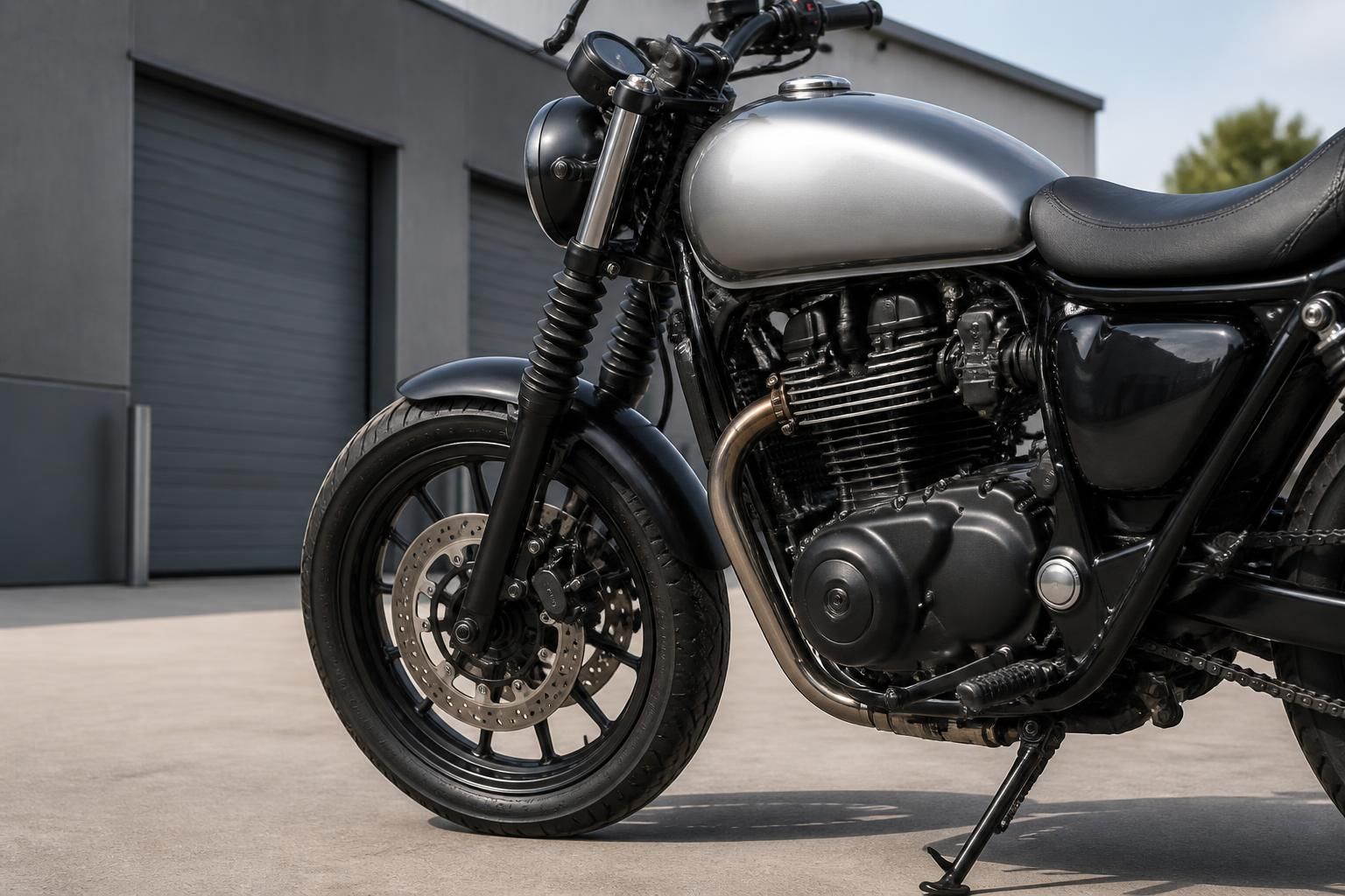 Non-running motorcycle in a clean service yard.