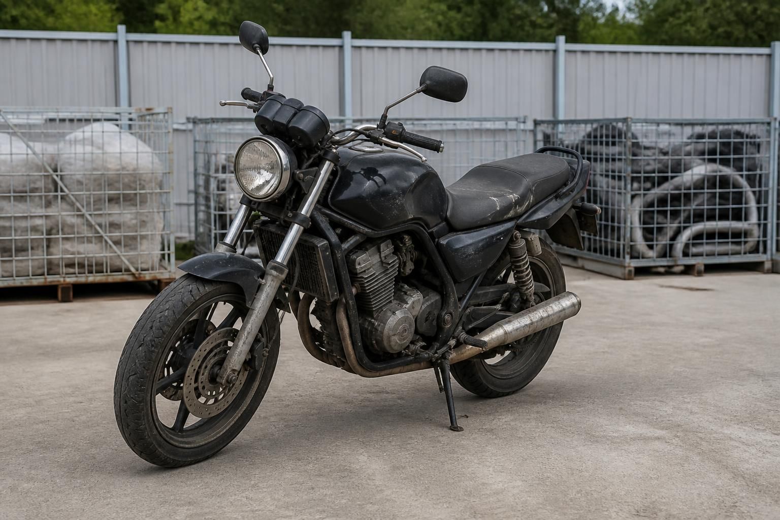 Unwanted motorcycle in a clean outdoor collection area.